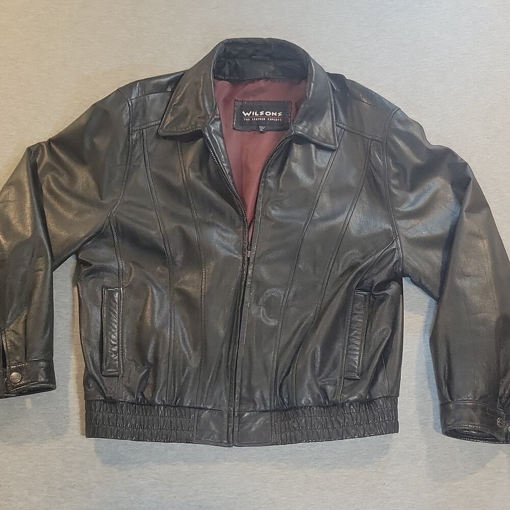 Wilsons Men's Black Leather Bomber Jacket Lined Full Zip Logo Zipper XL